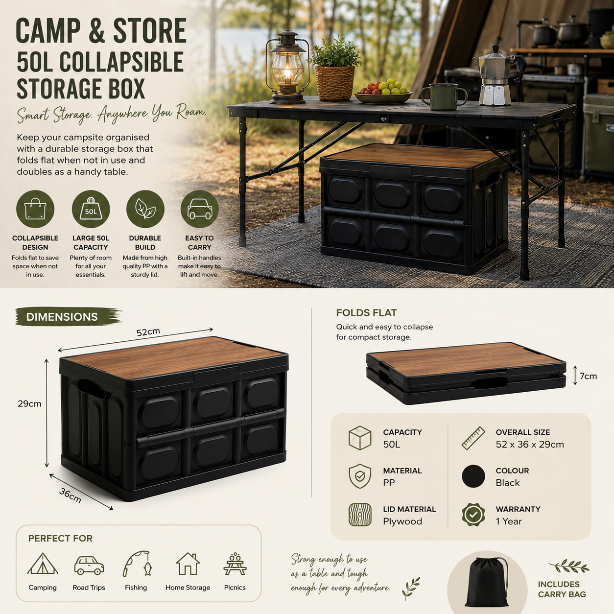 Camp & Store 50L Collapsible Storage Box – Timber Lid