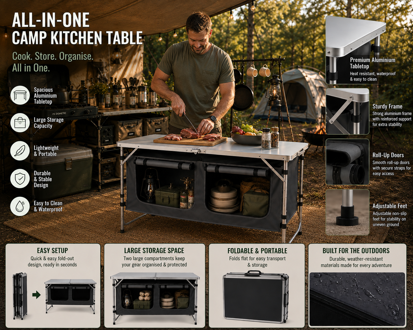 Camp Kitchen Table – Adjustable with Storage