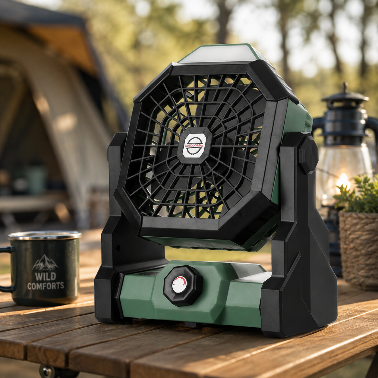 Camp Comfort Fan – Rechargeable with LED Light