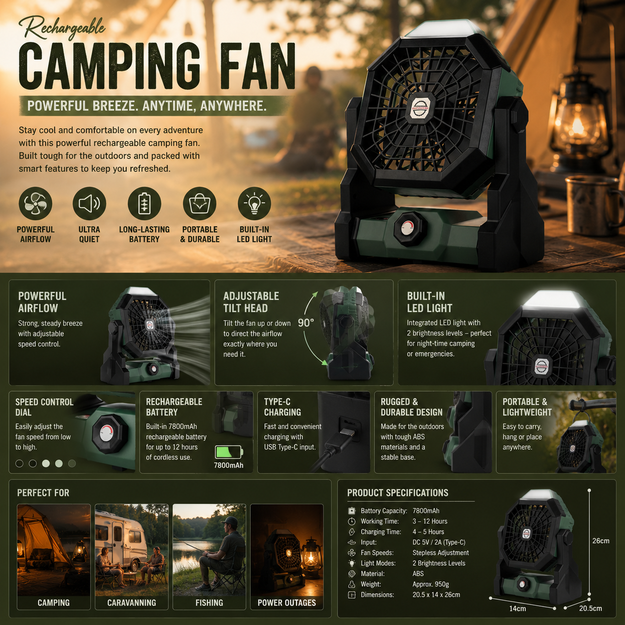 Camp Comfort Fan – Rechargeable with LED Light