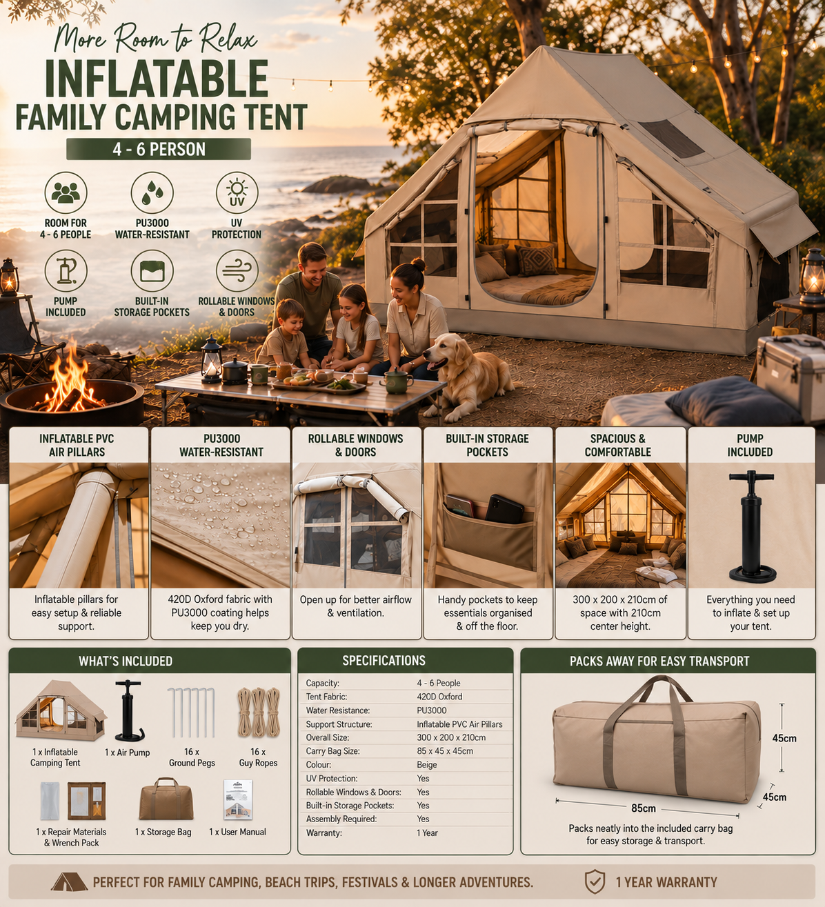 Air Haven Inflatable Family Camping Tent – 4–6 Person